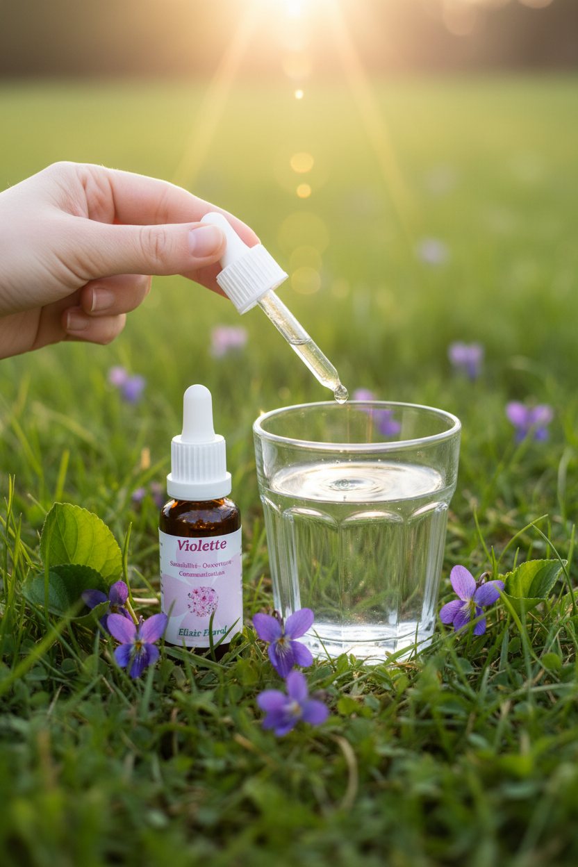 Élixir Floral de Violette des Bois – gouttes dans un verre d'eau en prairie