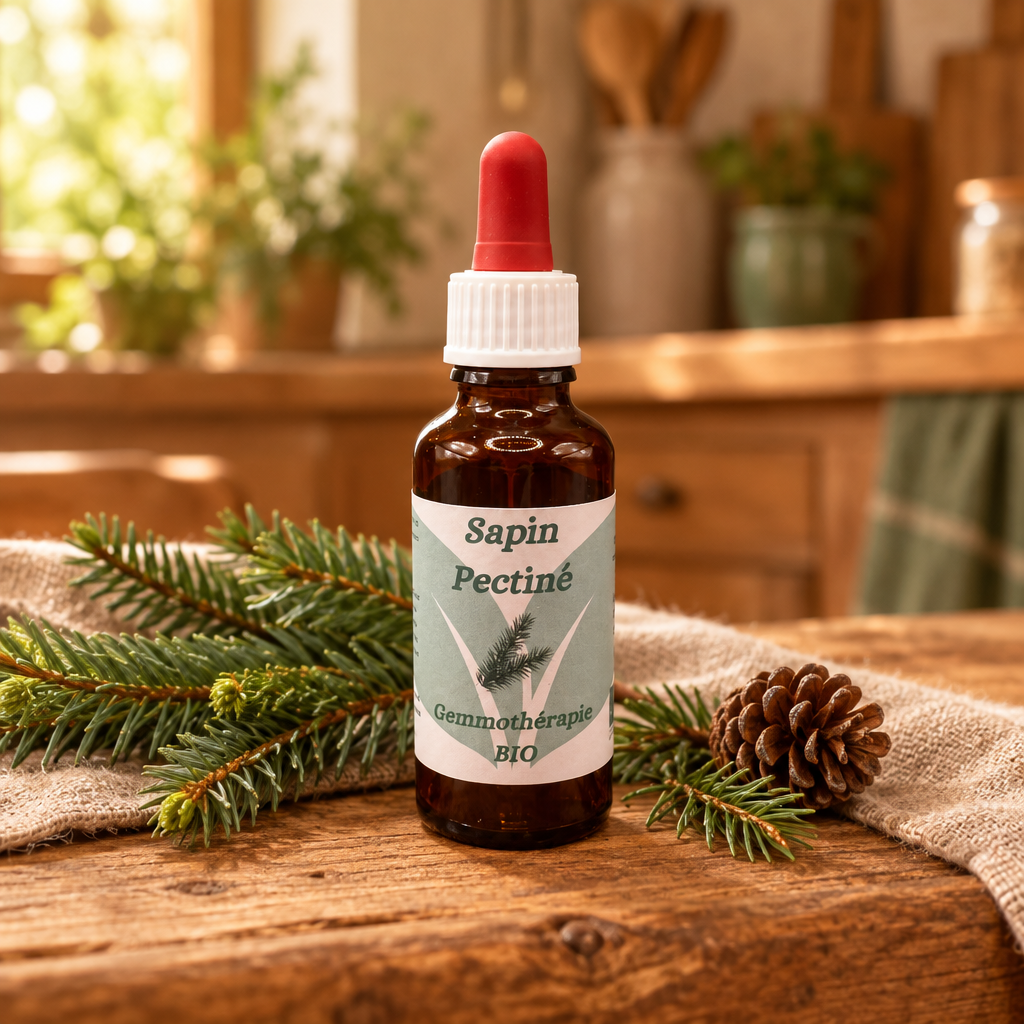 Fiole fermée de Sapin pectiné en gemmothérapie BIO avec branche de sapin et pomme de pin sur une table de cuisine en bois