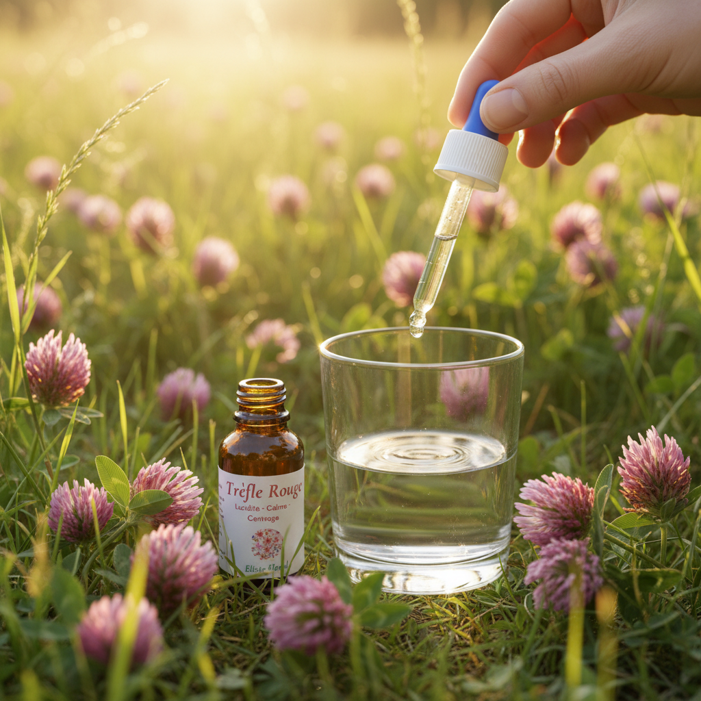 Élixir Floral de Trèfle Rouge – utilisation pipette au-dessus d'un verre d'eau