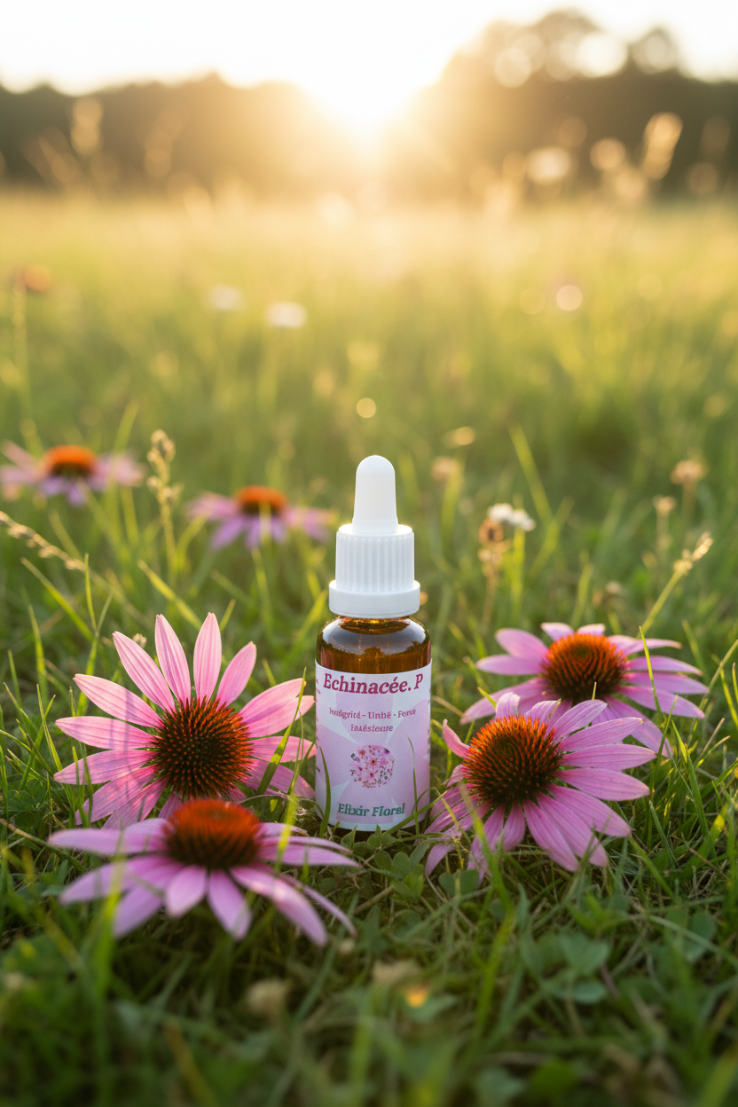 Élixir Floral d'Échinacée Pourpre – fiole seule dans la prairie
