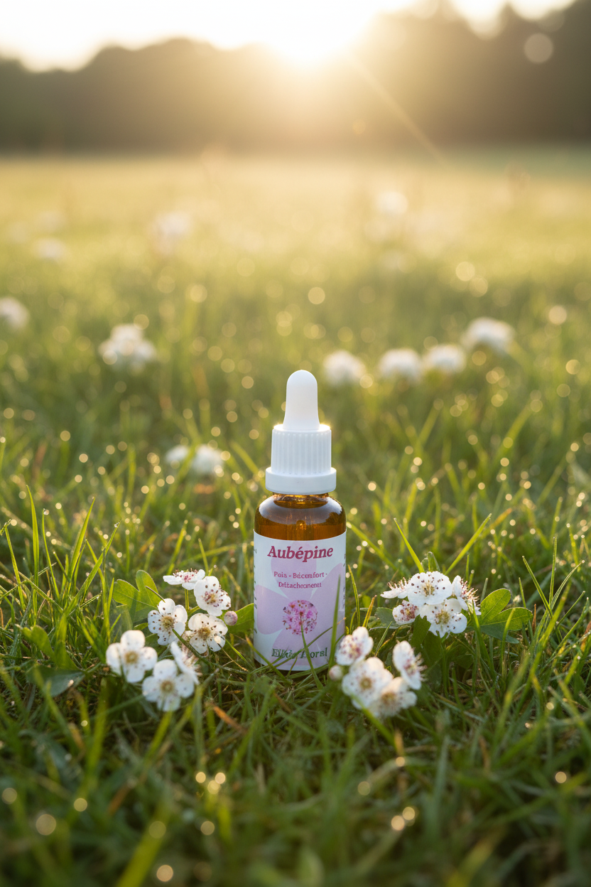 Élixir Floral d'Aubépine – fiole seule dans la prairie