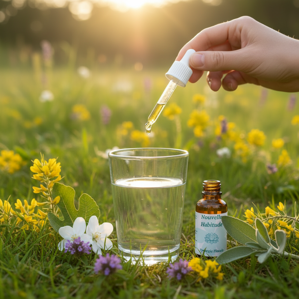 Utilisation Nouvelle Habitude – pipette et fiole dans un verre d’eau dans la prairie – Arom’Elia