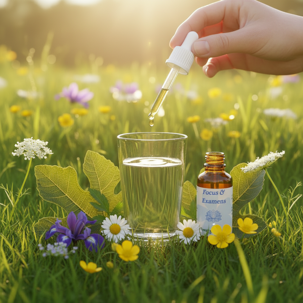 Utilisation Focus & Examens – pipette et fiole dans un verre d’eau dans la prairie – Arom’Elia