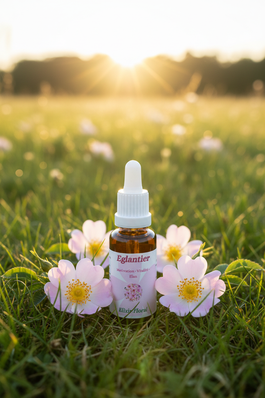 Élixir Floral d'Églantier – fiole seule dans la prairie