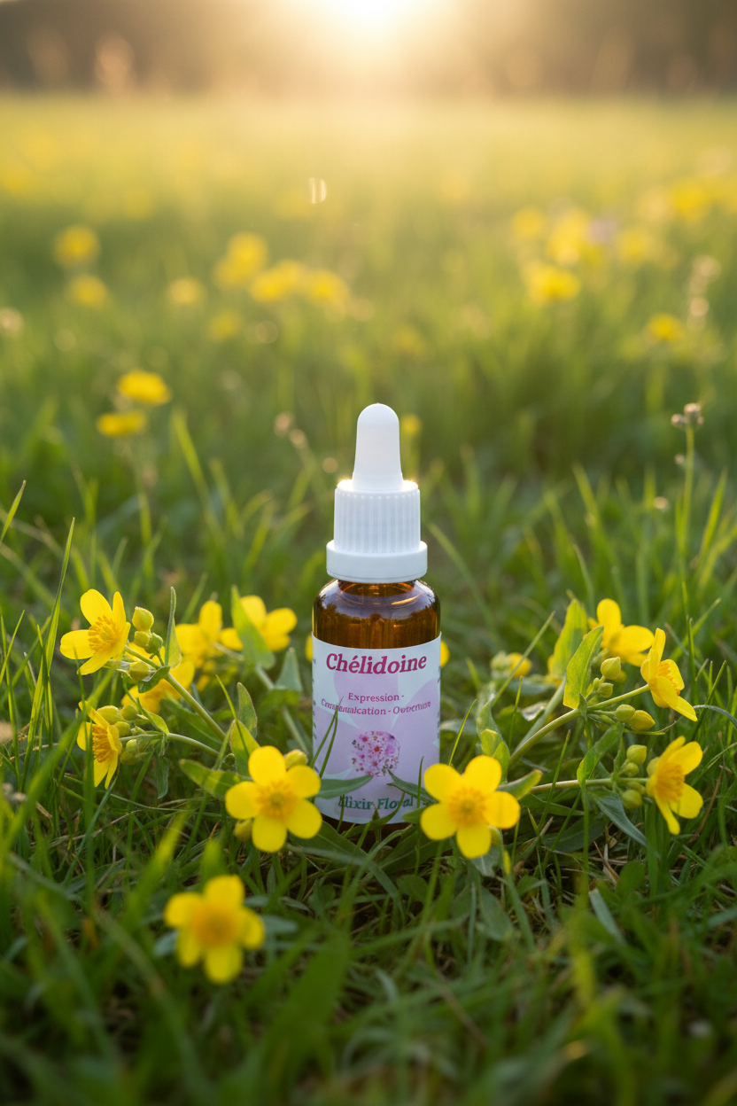 Élixir Floral de Chélidoine – fiole seule dans la prairie