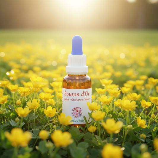 Élixir Floral de Bouton d'Or – flacon au premier plan dans une prairie de boutons d'or jaunes, lumière dorée