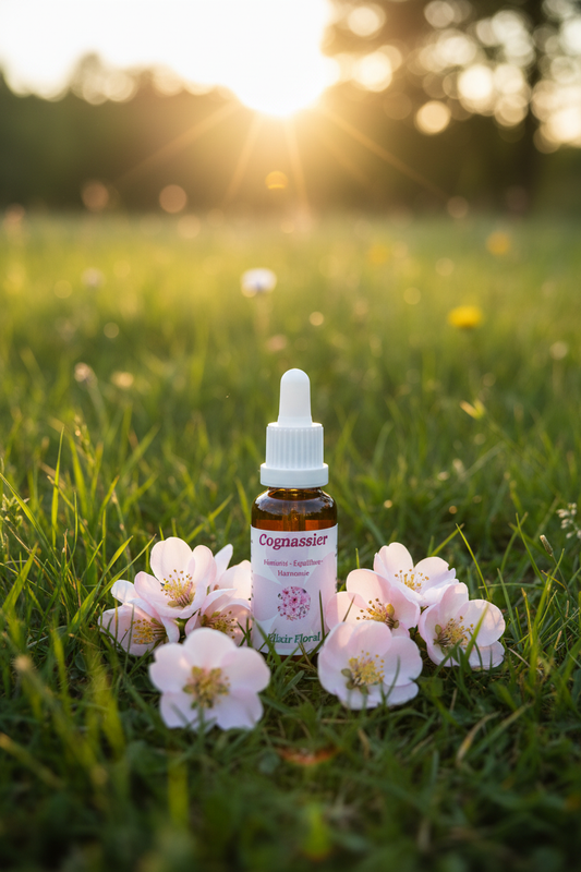 Élixir Floral de Cognassier – fiole seule dans la prairie