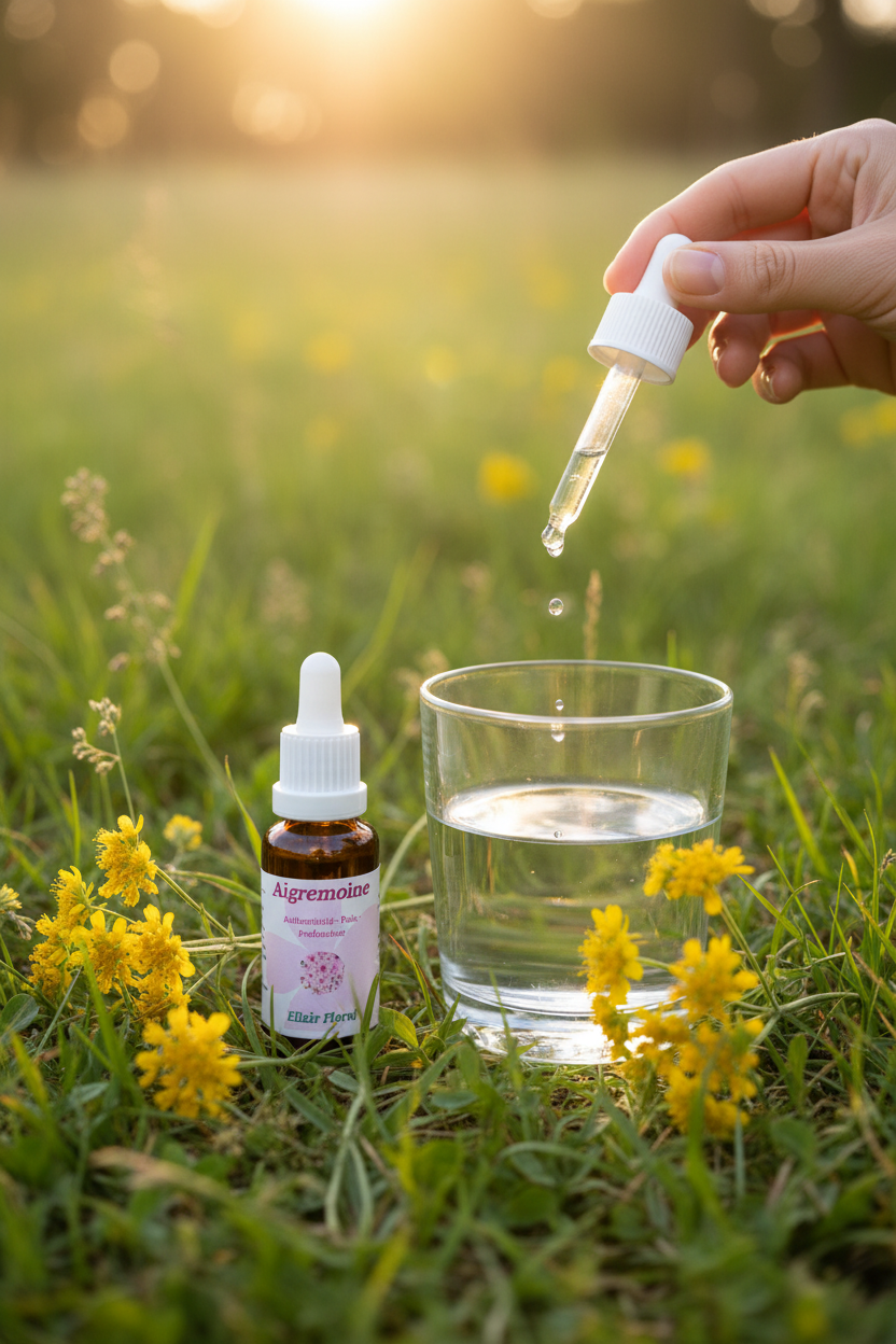 Élixir Floral d'Aigremoine – gouttes dans un verre d'eau en prairie