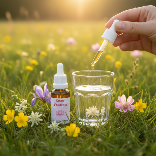 Utilisation Cœur d’Enfants – pipette dans un verre d’eau dans la prairie – Arom’Elia