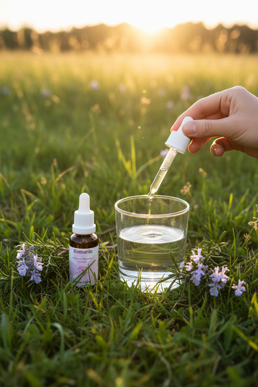 Élixir Floral de Romarin – gouttes dans un verre d'eau en prairie