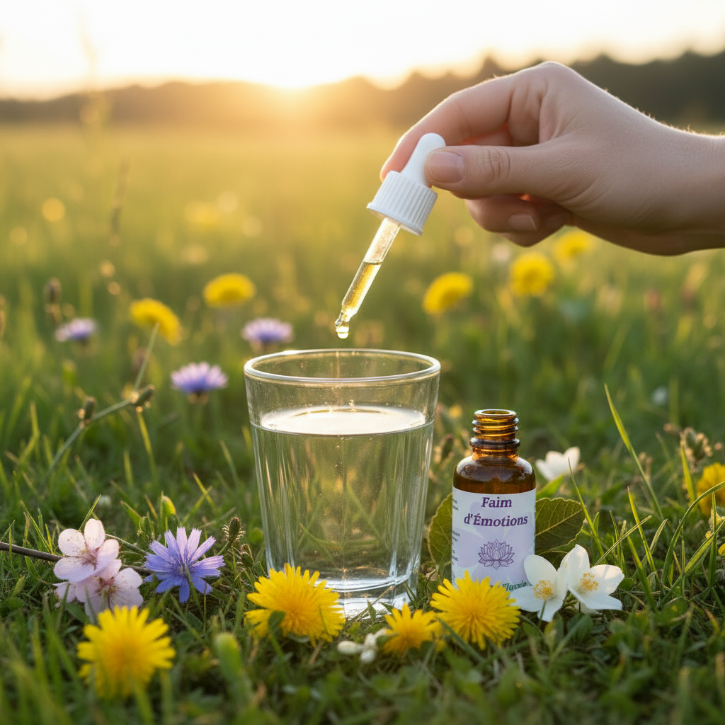 Utilisation Faim d’Émotions – pipette et fiole dans un verre d’eau dans la prairie – Arom’Elia