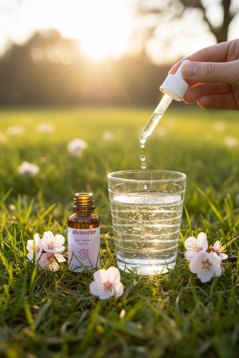 Élixir Floral d'Abricotier – gouttes dans un verre d'eau en prairie