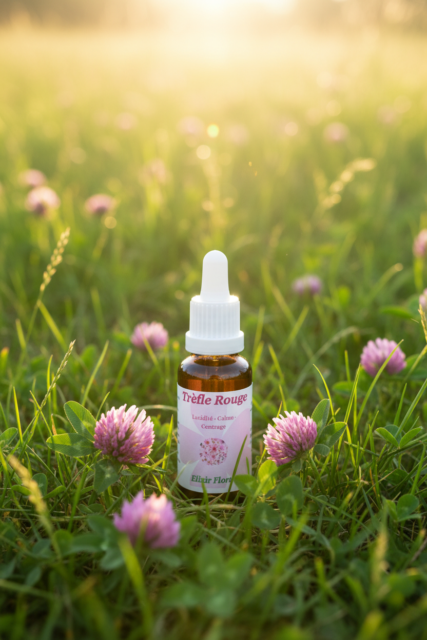 Élixir Floral de Trèfle Rouge – fiole seule dans la prairie