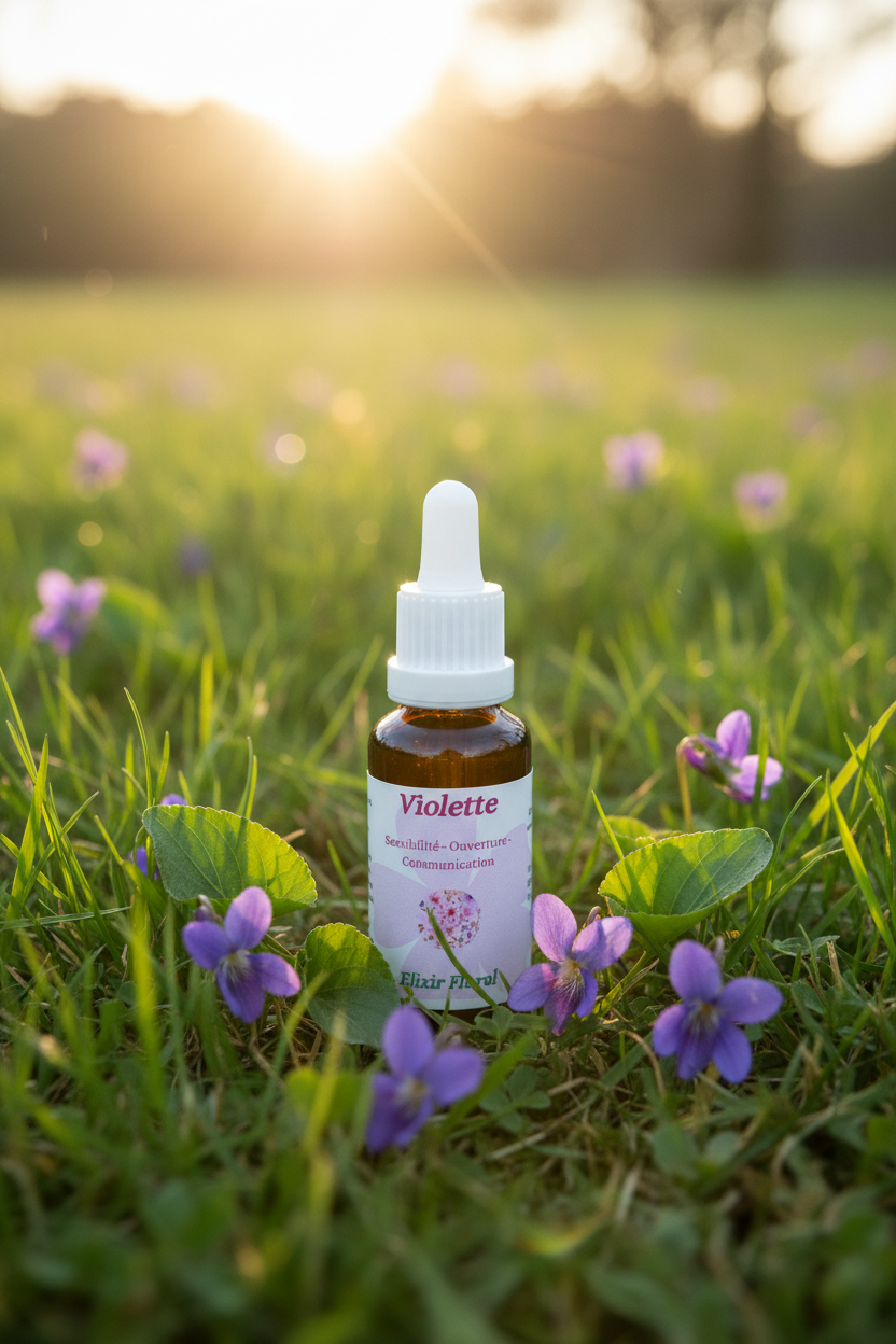Élixir Floral de Violette des Bois – fiole seule dans la prairie