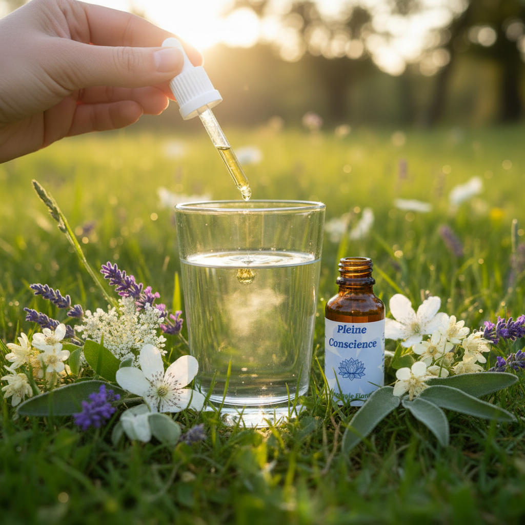 Utilisation Pleine Conscience – pipette et fiole dans un verre d’eau dans la prairie – Arom’Elia