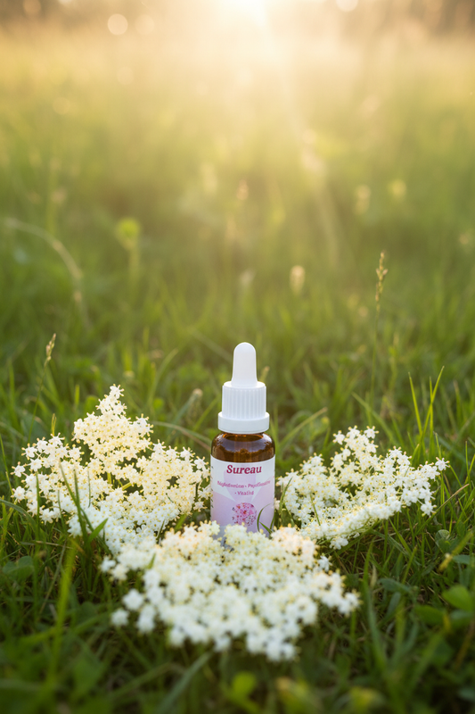 Élixir Floral de Sureau – fiole seule dans la prairie