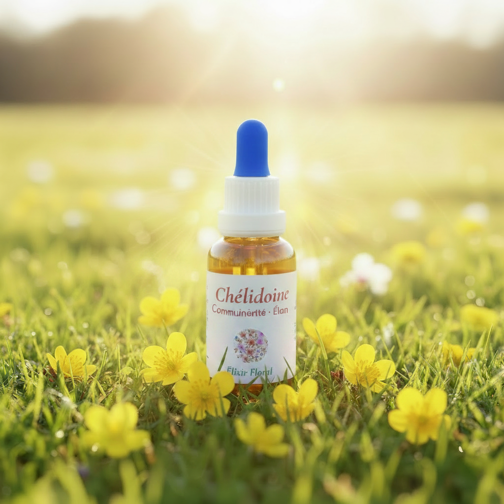 Flacon élixir floral de Chélidoine dans une prairie avec fleurs jaunes – Arom'Elia