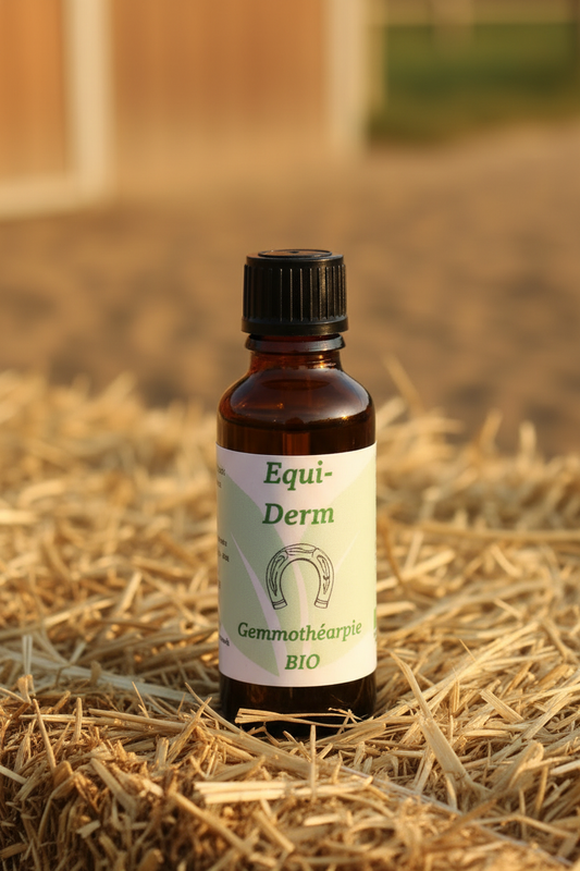 Equi-Derm fiole zoomée sur botte de paille