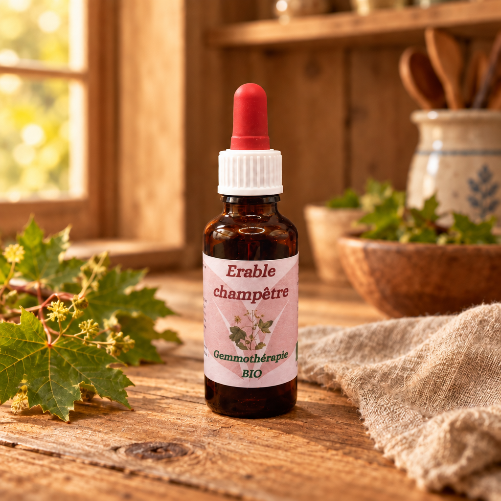 Fiole fermée d’Érable champêtre en gemmothérapie BIO sur une table en bois dans une cuisine de campagne, fenêtre sans feuilles suspendues