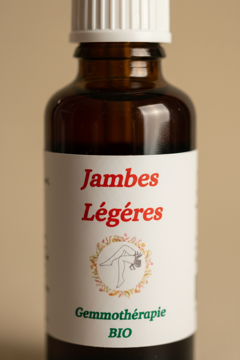 Détail étiquette artisanale gemmothérapie Jambes Légères bio – Macérat de bourgeons certifié
