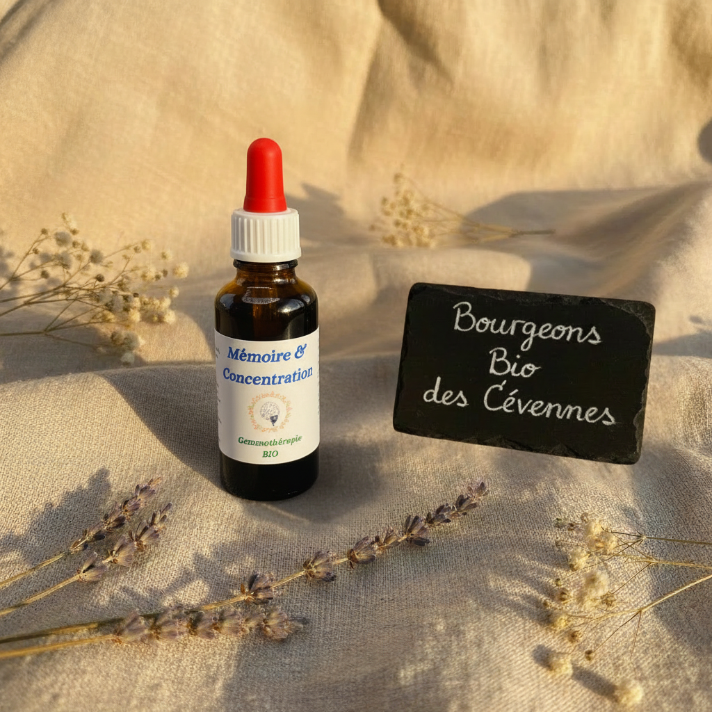 Gemmothérapie artisanale bio Mémoire & Concentration dans son univers naturel Cévennes – Arbor'Elia
