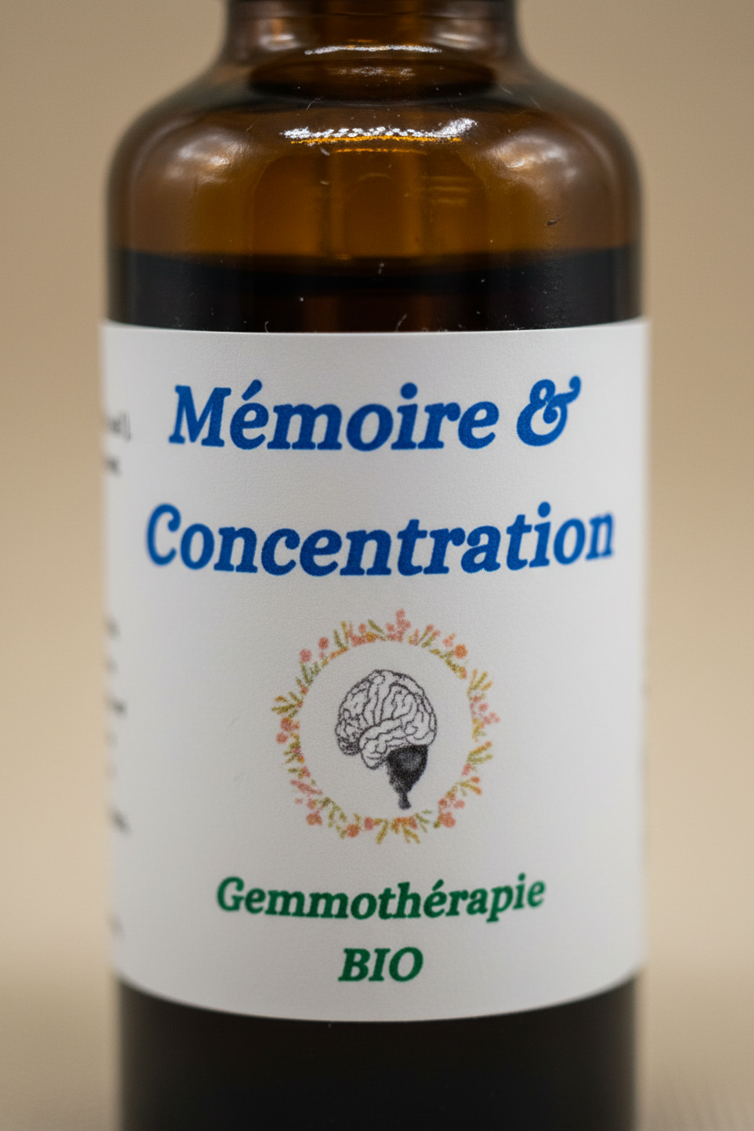 Détail étiquette artisanale gemmothérapie Mémoire & Concentration bio – Macérat de bourgeons certifié
