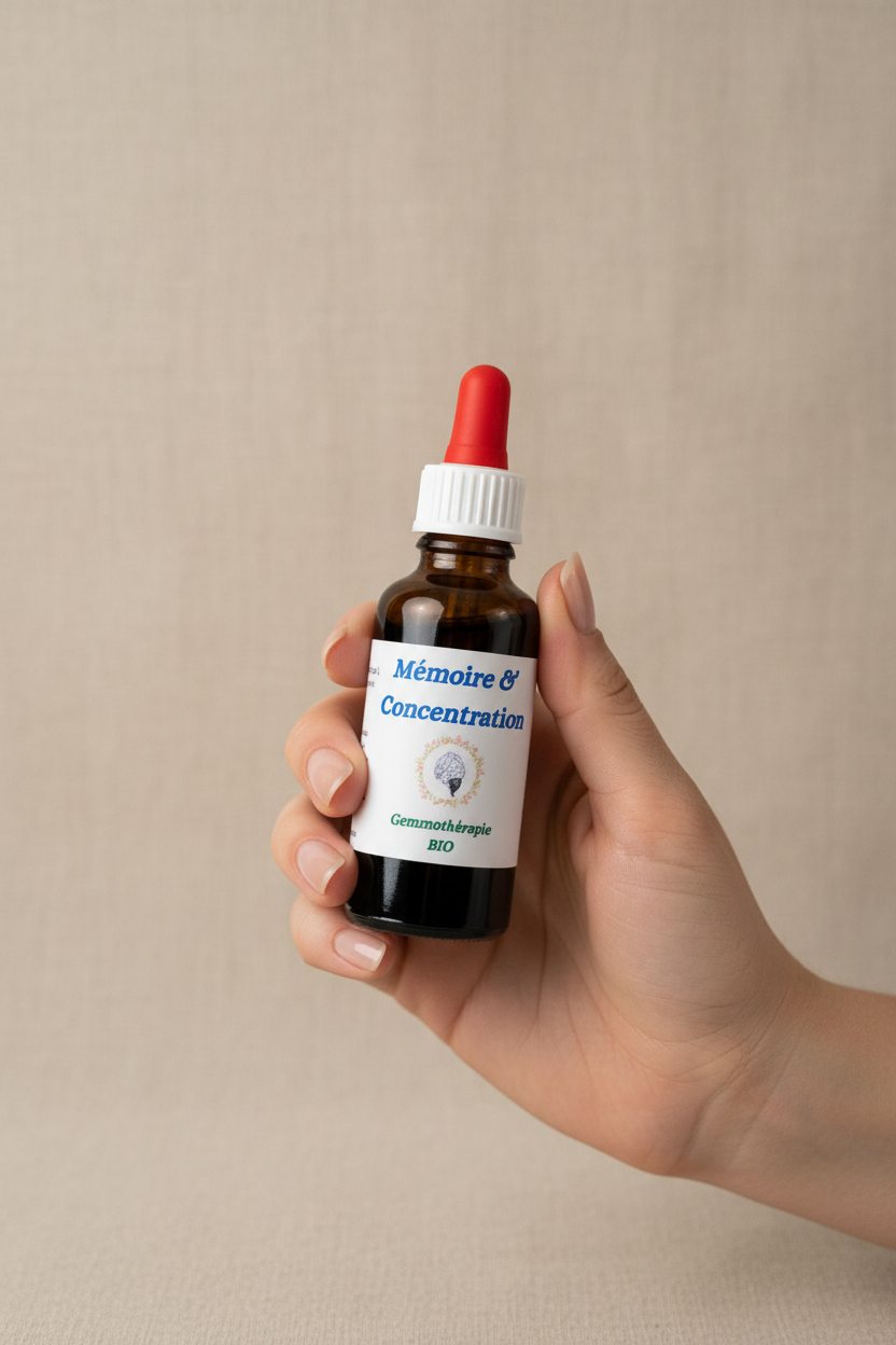 Flacon 30ml gemmothérapie Mémoire & Concentration – Format et contenance réelle
