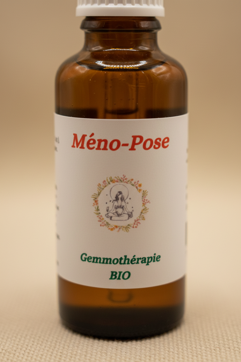 Détail étiquette artisanale gemmothérapie Méno-Pose bio – Macérat de bourgeons certifié
