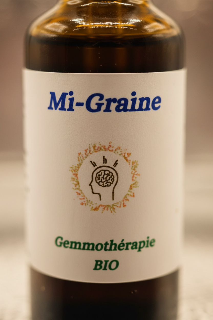 Détail étiquette artisanale gemmothérapie Mi-Graine bio – Macérat de bourgeons certifié

