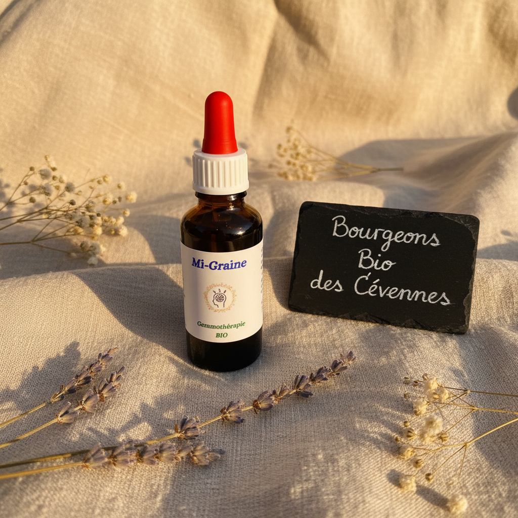 Gemmothérapie artisanale bio Mi-Graine dans son univers naturel Cévennes – Arom'Elia
