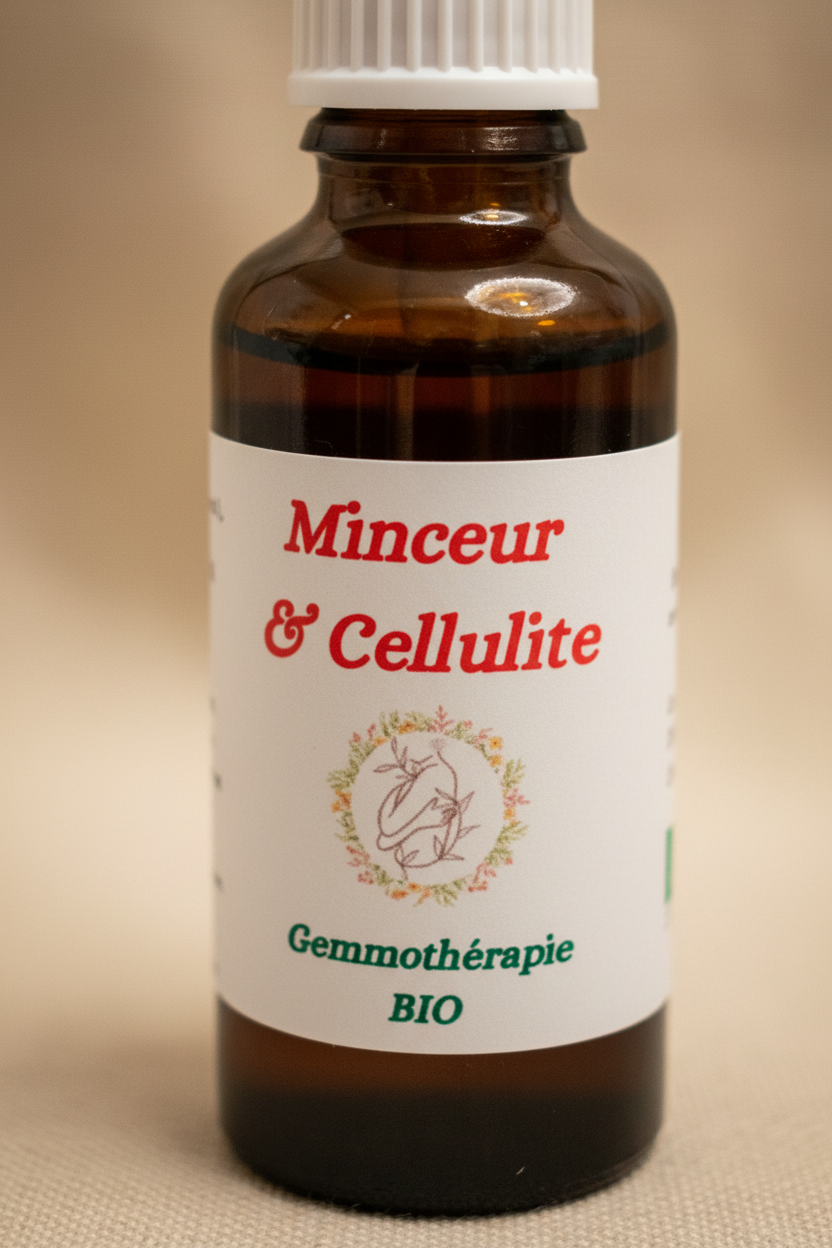 Détail étiquette artisanale gemmothérapie Minceur & Cellulite bio – Macérat de bourgeons certifié
