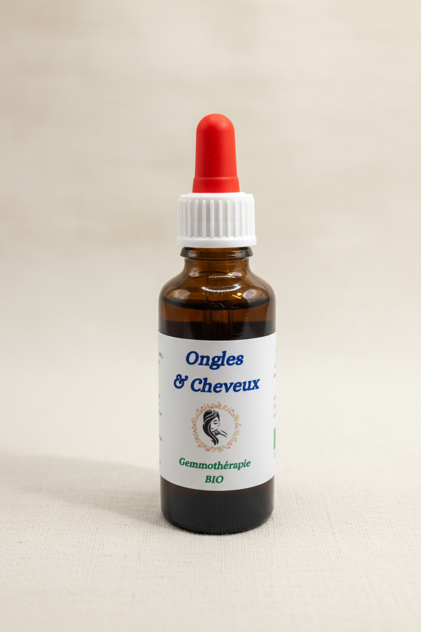 Ongles & Cheveux gemmothérapie bio – Flacon 30ml macérat de bourgeons artisanal Cévennes
