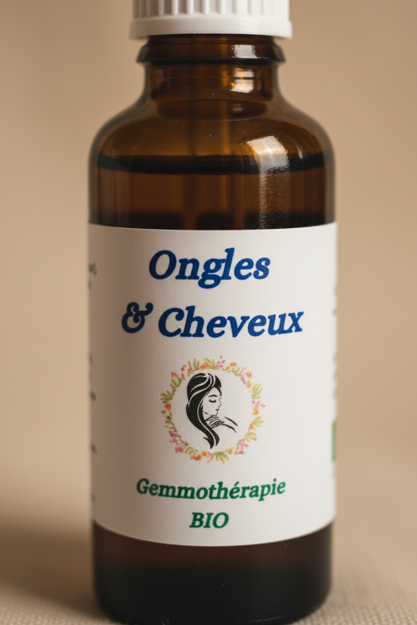 Détail étiquette artisanale gemmothérapie Ongles & Cheveux bio – Macérat de bourgeons certifié
