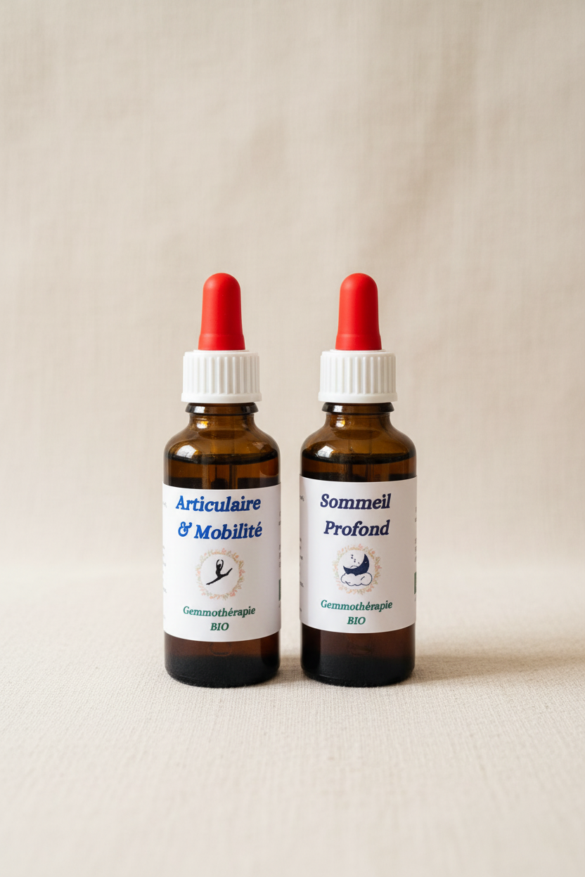 Pack Articulations & Sommeil gemmothérapie bio – 2 flacons 30ml macérat de bourgeons artisanal Cévennes
