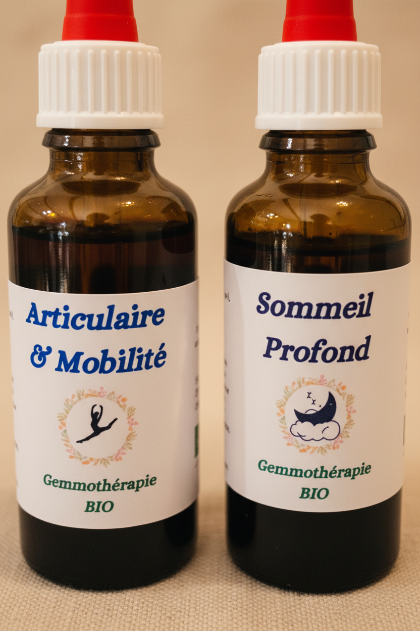 Détail étiquettes artisanales gemmothérapie Pack Articulations & Sommeil bio – Macérat de bourgeons certifié
