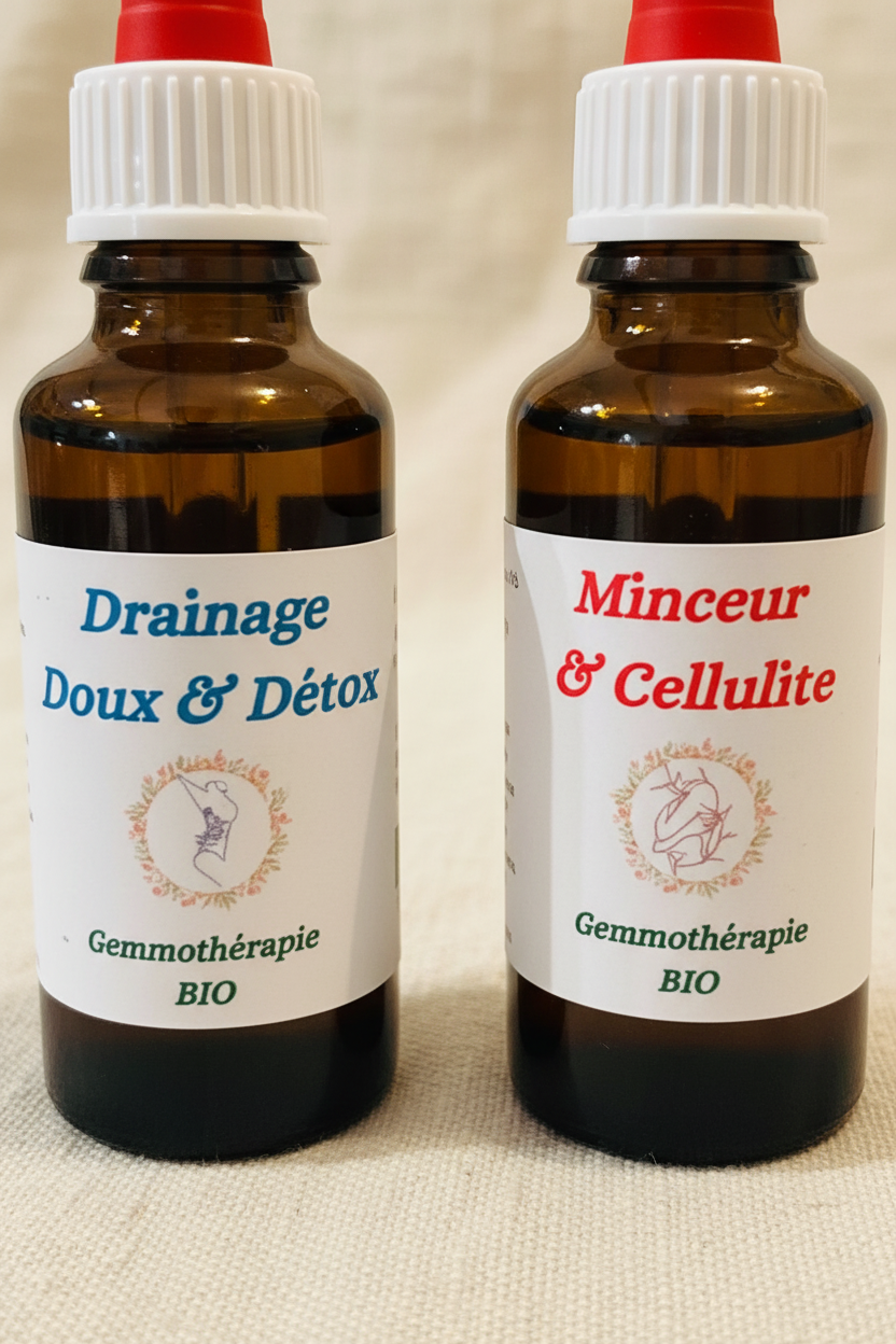 Détail étiquettes artisanales gemmothérapie Pack Détox & Minceur bio – Macérat de bourgeons certifié
