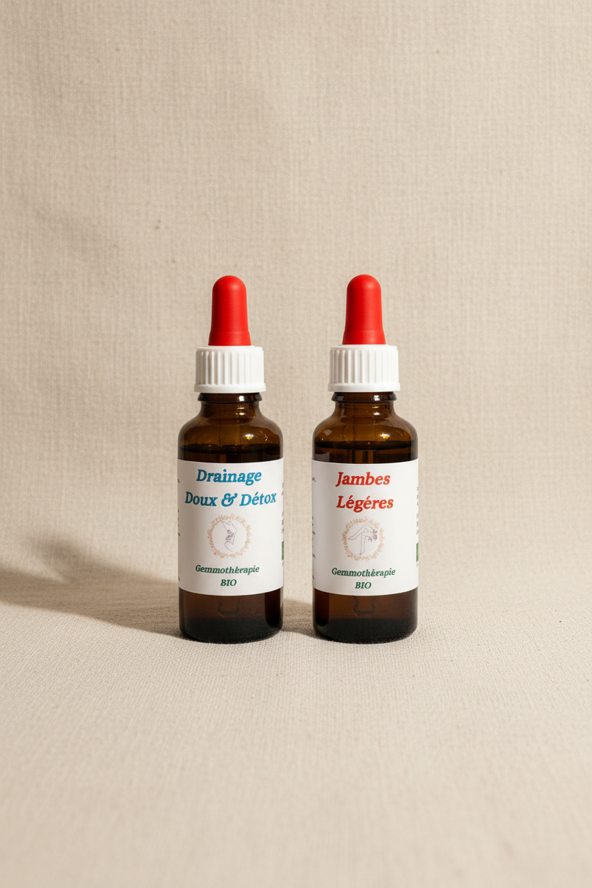 Pack Jambes Légères & Drainage gemmothérapie bio – 2 flacons 30ml macérat de bourgeons artisanal Cévennes
