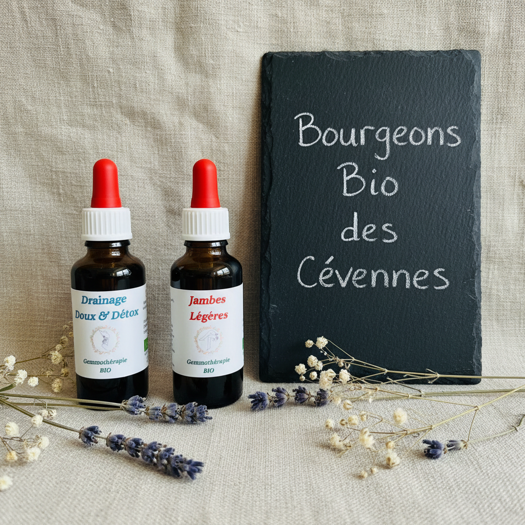 Gemmothérapie artisanale bio Pack Jambes Légères & Drainage dans son univers naturel Cévennes – Arbor'Elia
