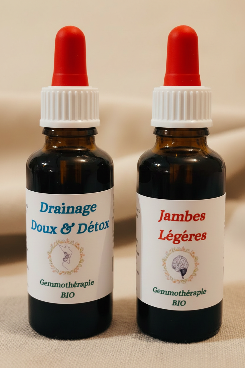 Détail étiquettes artisanales gemmothérapie Pack Jambes Légères & Drainage bio – Macérat de bourgeons certifié
