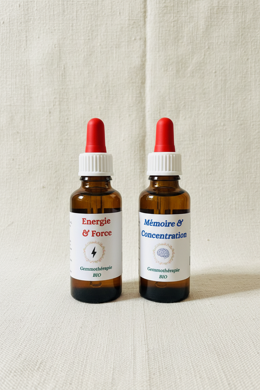 Pack Énergie & Concentration gemmothérapie bio – 2 flacons 30ml macérat de bourgeons artisanal Cévennes

