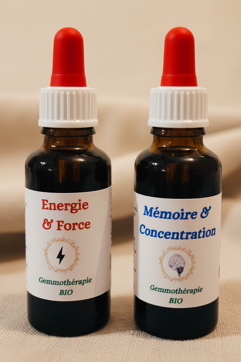 Détail étiquettes artisanales gemmothérapie Pack Énergie & Concentration bio – Macérat de bourgeons certifié
