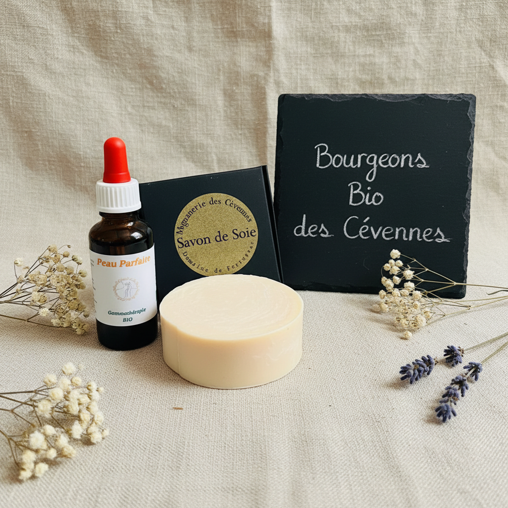 Gemmothérapie artisanale bio Pack Peau Parfaite dans son univers naturel Cévennes – Arbor'Elia
