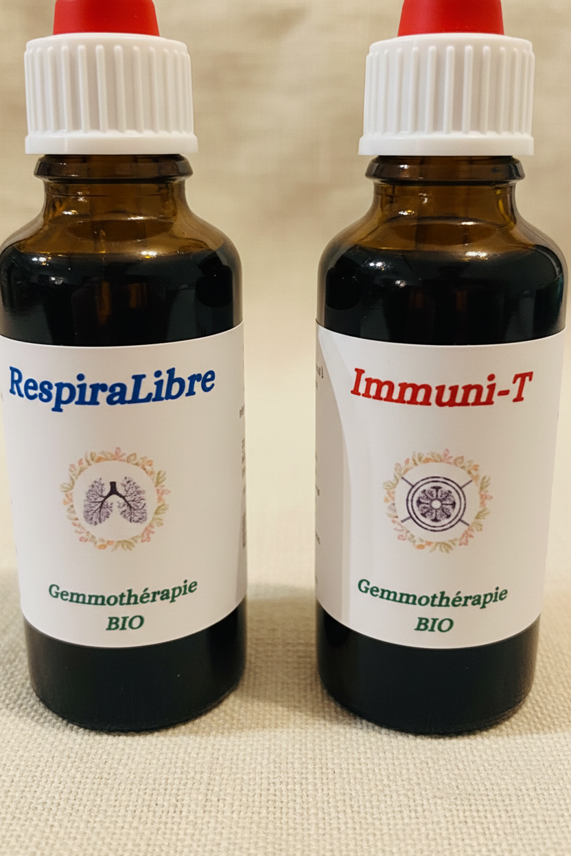 Détail étiquettes artisanales gemmothérapie Pack Respiration & Immunité bio – Macérat de bourgeons certifié
