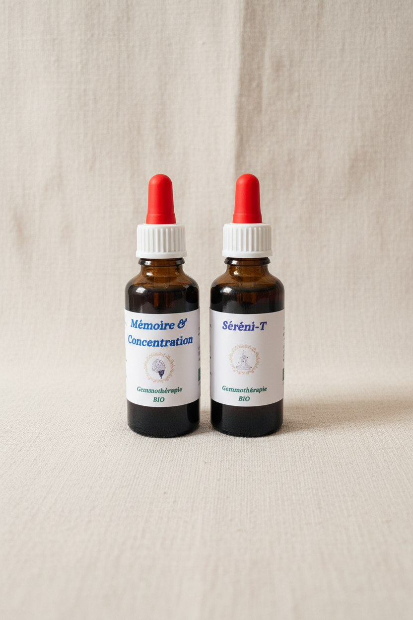 Pack Tête Légère & Sérénité gemmothérapie bio – 2 flacons 30ml macérat de bourgeons artisanal Cévennes
