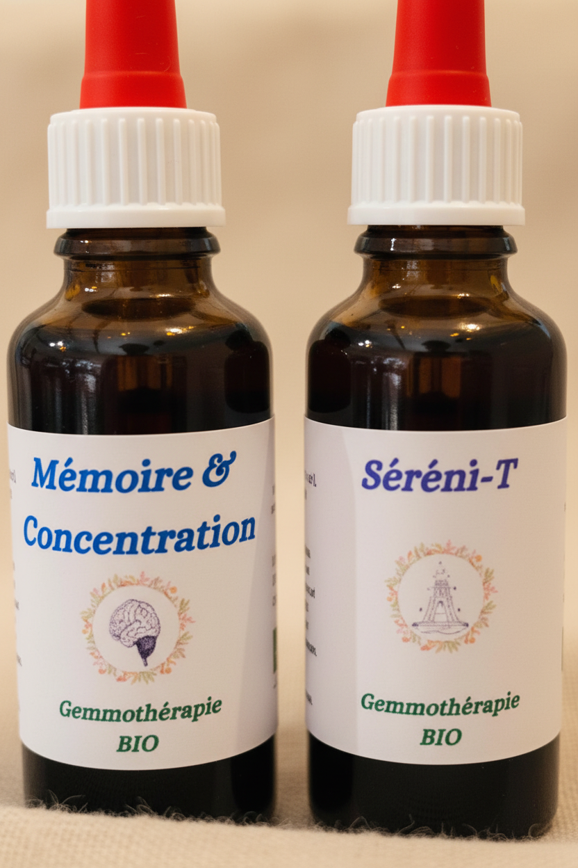 Détail étiquettes artisanales gemmothérapie Pack Tête Légère & Sérénité bio – Macérat de bourgeons certifié
