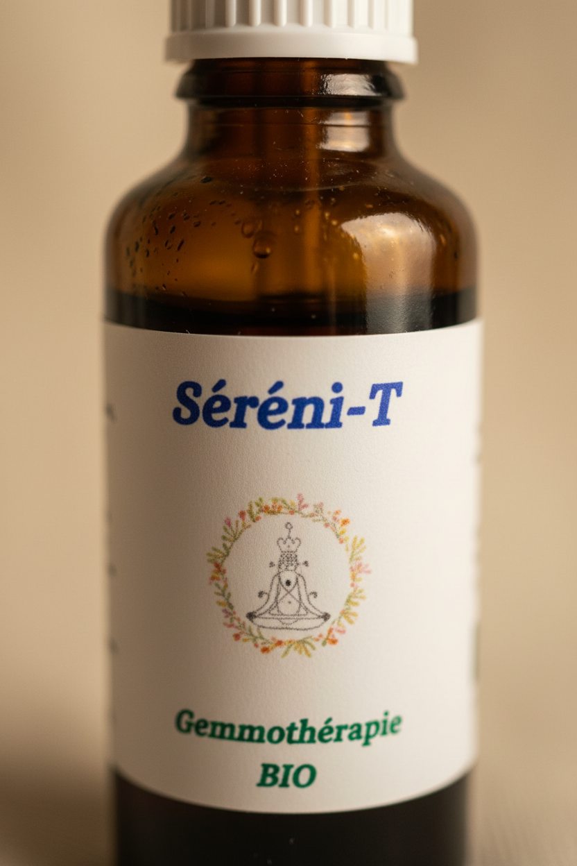 Détail étiquette artisanale gemmothérapie Séréni-T bio – Macérat de bourgeons certifié
