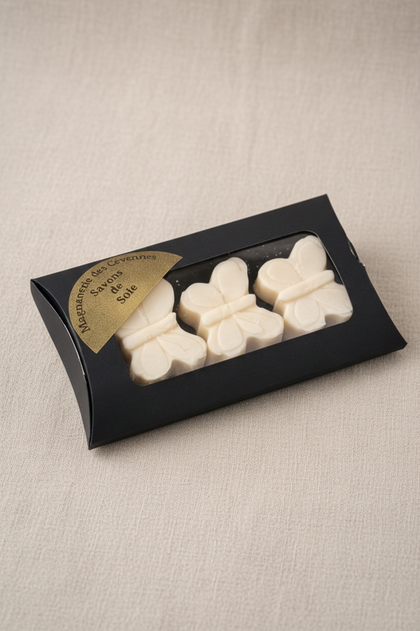 Savons de soie papillon artisanaux 3×25g des Cévennes – Coffret cadeau cosmétique naturelle

