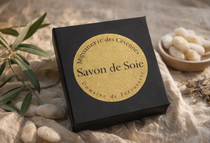 Savon de soie 100g avec boîte noire et cocons de soie – Cosmétique artisanale Cévennes

