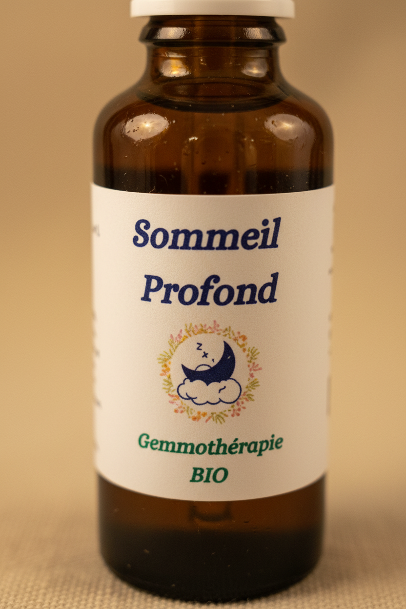 Détail étiquette artisanale gemmothérapie Sommeil Profond bio – Macérat de bourgeons certifié
